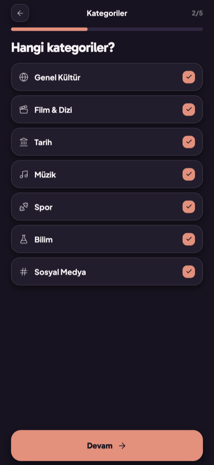Kategori seçimi ekranı